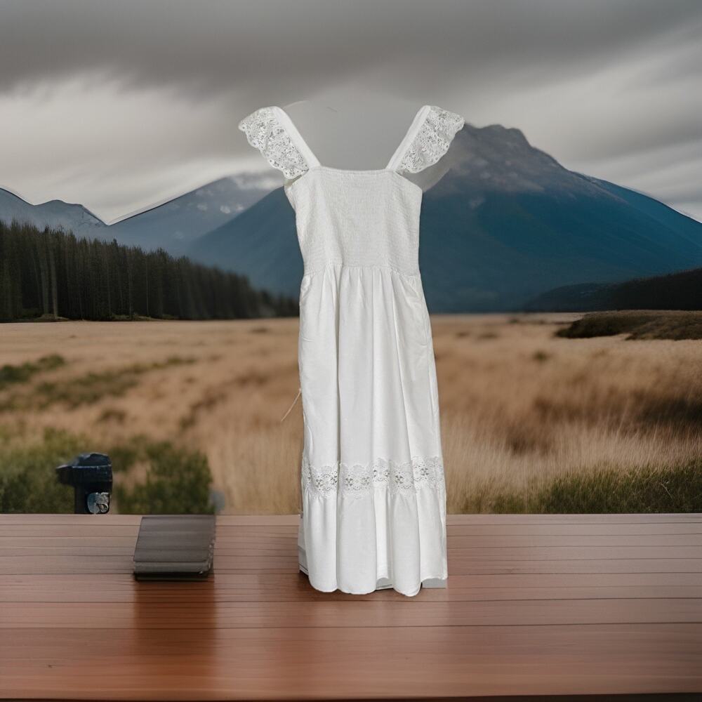 Women XL Summer Casual Ruffle Eyelet Boho Lace Lined Smocked Maxi Long Dress